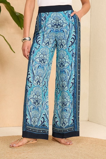 Love & Roses Blue Paisley Printed Belted Wide Leg Bukser Trousers