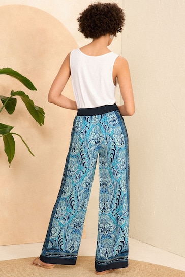 Love & Roses Blue Paisley Printed Belted Wide Leg Trousers