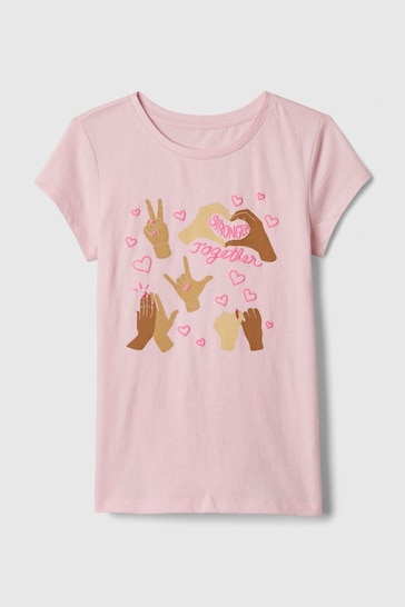Gap Pink Hand Signs Slogan Graphic Crew Neck Short Sleeve T-Shirt (4-13yrs)