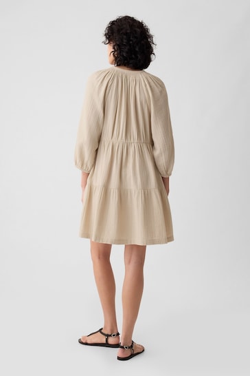 Gap Beige Crinkle Cotton Long Sleeved Tiered Mini Dress