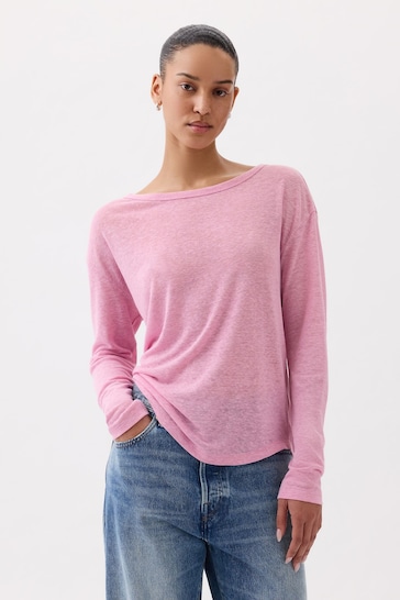 Gap Pink Linen Blend Long Sleeve Boatneck T-Shirt