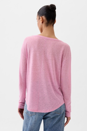 Gap Pink Linen Blend Long Sleeve Boatneck T-Shirt