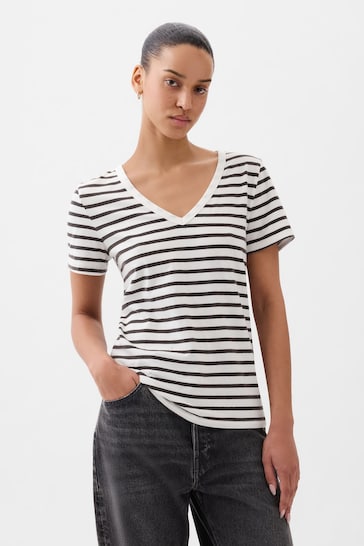 Gap Black/White Organic Cotton Vintage Short Sleeve V Neck T-Shirt