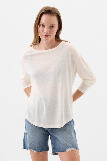 Gap Cream Linen Blend Long Sleeve Boatneck T-Shirt