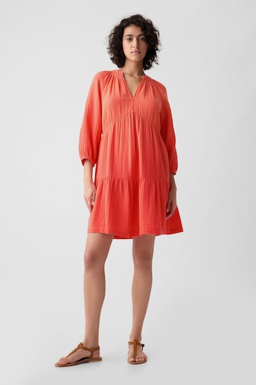 Gap Orange Crinkle Cotton Long Sleeved Tiered Mini Dress