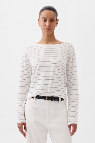 Gap White Stripe Linen Blend Long Sleeve Boatneck T-Shirt