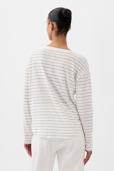 Gap White Stripe Linen Blend Long Sleeve Boatneck T-Shirt