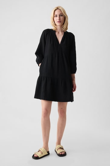 Gap Black Crinkle Cotton Long Sleeved Tiered Mini Dress