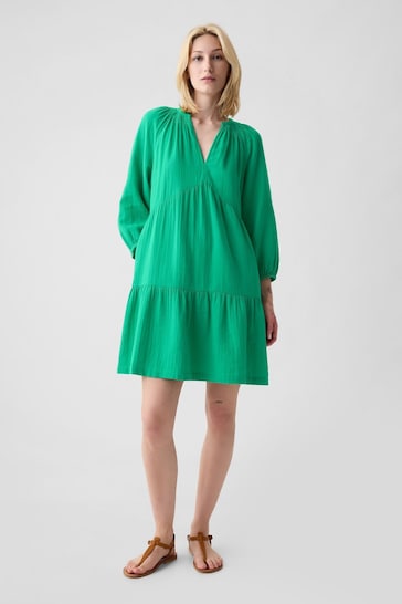 Gap Green Crinkle Cotton Long Sleeved Tiered Mini Dress