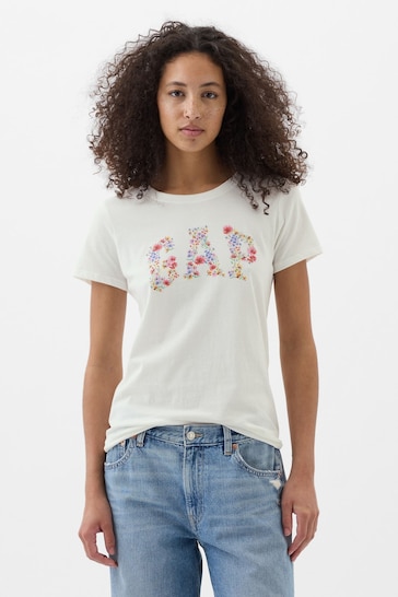 Gap White Fitted Floral Logo Short Sleeve Crew Neck T-Shirt
