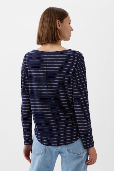 Gap Blue Linen Blend Long Sleeve Boatneck T-Shirt