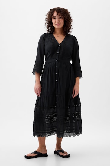 Gap Black Crinkle Cotton Lace 3/4 Sleeve Midi Dress