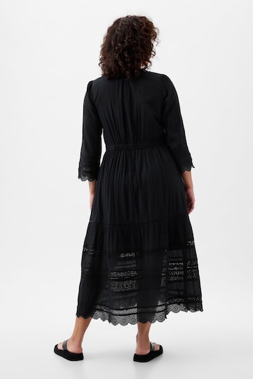 Gap Black Crinkle Cotton Lace 3/4 Sleeve Midi Dress