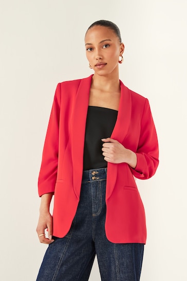 Red Relaxed Ruched Sleeve Blazer