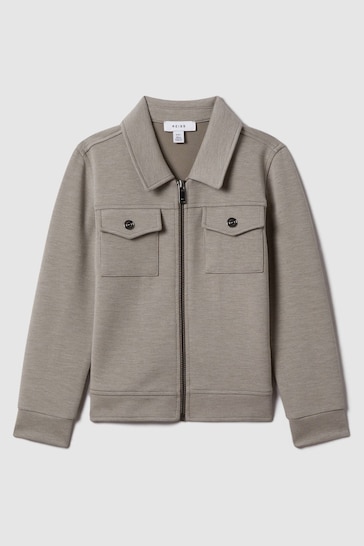 Reiss Taupe Medina Junior Interlock Jersey Zip-Through Jacket