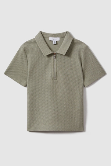 Reiss Pistachio Felix Senior Textured Cotton Half-Zip Polo Shirt