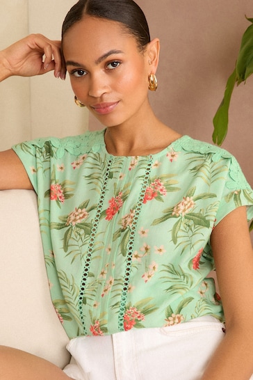 Love & Roses Green Tropical Woven Lace Shoulder T-Shirt