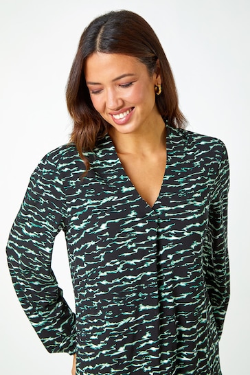 Roman Green Wave Print Pleated Stretch Top