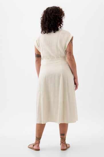 Gap White Linen-Blend Tie Waist Midi Shirt Dress