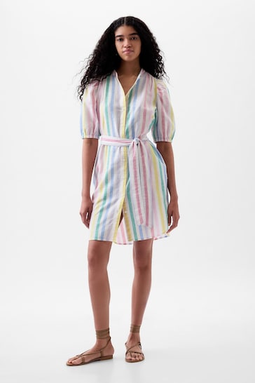Gap White Rainbow Linen Blend Short Puff Sleeve Mini Shirt Dress