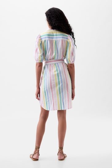 Gap White Rainbow Linen Blend Short Puff Sleeve Mini Shirt Dress