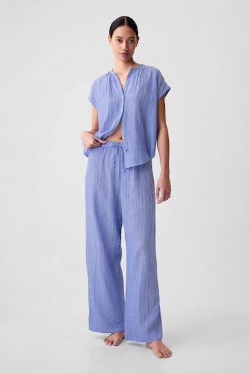 Gap Shirting Blue Crinkle Cotton Wide Leg Pull On Pyjama Trousers