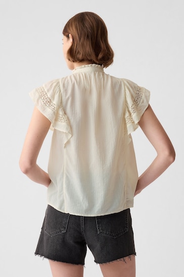 Gap Beige Crinkle Cotton Flutter Sleeve Shirt