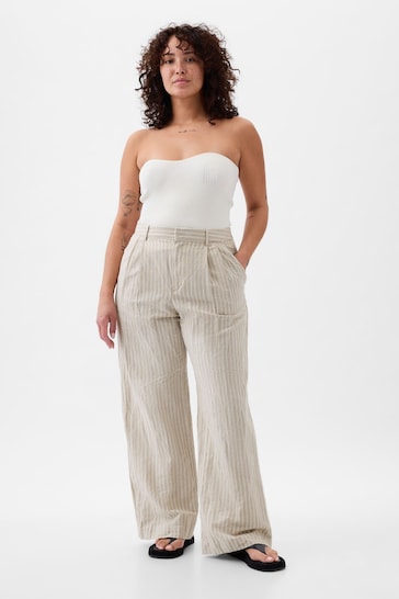 Gap Beige & White Stripe High Waisted Linen Cotton Trousers
