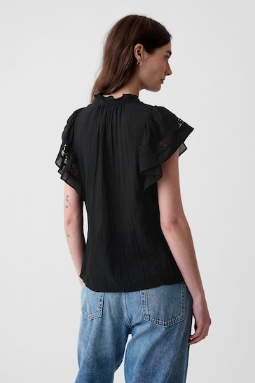 Gap Black Crinkle Cotton Flutter Sleeve Shirt