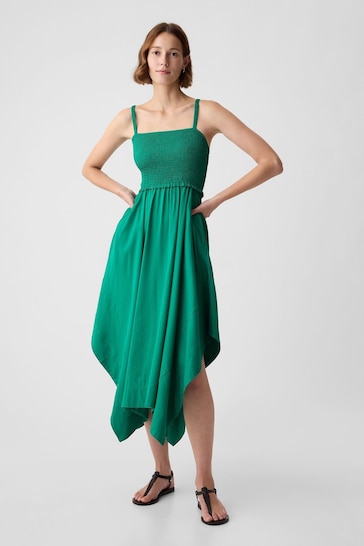 Gap Simply Green Smocked Handkerchief Hem Midi Dress