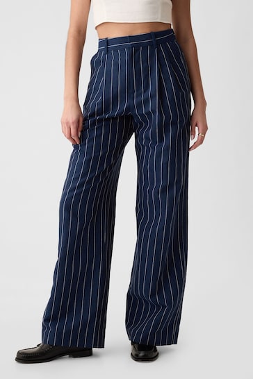 Gap Navy Pinstripe High Waisted Linen Cotton Trousers