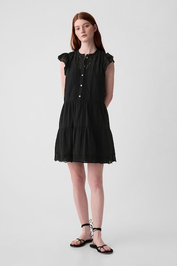 Gap Black Crinkle Cotton Crochet Mini Dress