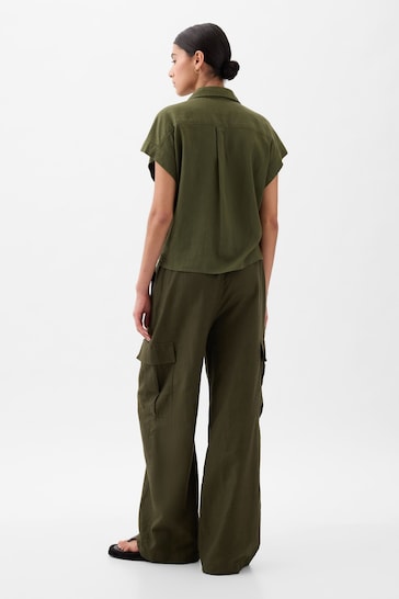Gap Olive Green Linen Cotton Blend Mid Rise Cargo Trousers