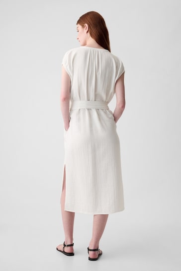 Gap White Crinkle Cotton Belted Midi Shirt Dress