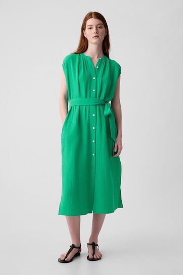 Gap Green Crinkle Cotton Belted Midi Shirt Dress