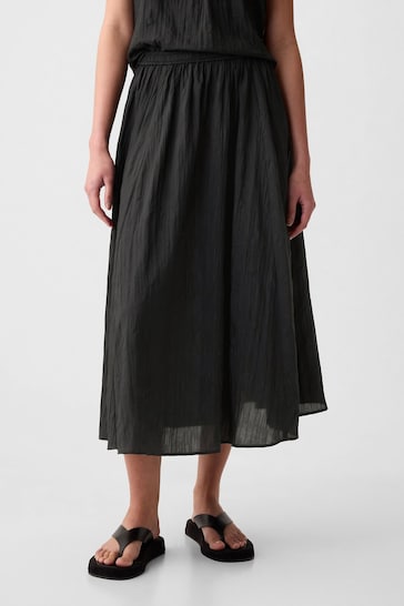 Gap Black Crinkle Pull On Midi Skirt
