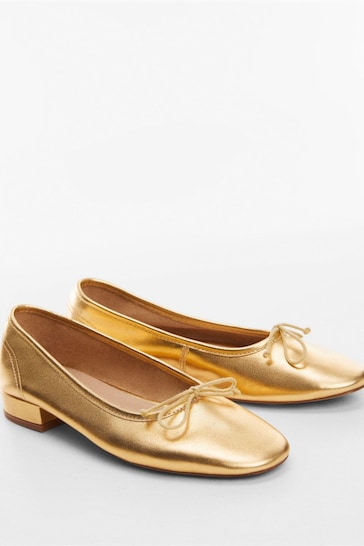Mango Gold Bow Leather Ballet Pumps