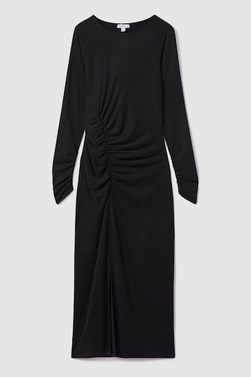 Reiss Charcoal Lana Ruched Jersey Midi Dress