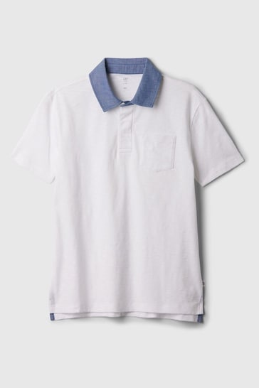 Gap Optic White Chambray Short Sleeve Polo Shirt (4-13yrs)