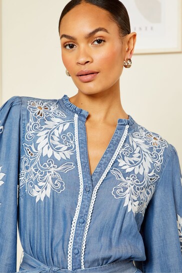 Love & Roses Blue Embroidered TENCEL™ Belted Midi Shirt Dress