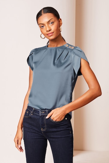 Lipsy Petrol Blue Tulip Sleeve Round Neck Button Detail Satin Top