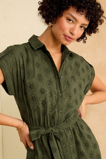 Love & Roses Khaki Green Roll Sleeve Belted Shirt Dress