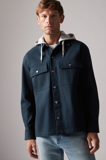 Navy Blue Twin Pocket Cotton Shacket with Hood