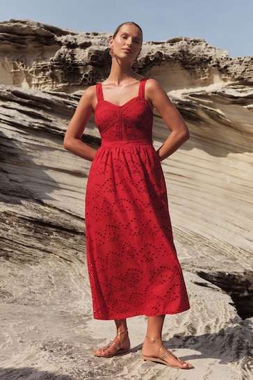 Love & Roses Red Cami Corset Lace Trim Broderie Midi Dress