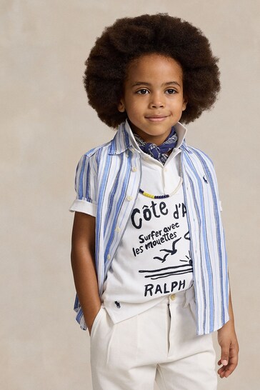 Polo Ralph Lauren Boys Blue Striped Linen Short Sleeve Shirt