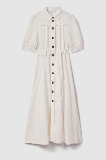 Reiss White Malika Petite Belted Cap Sleeve Midi Dress