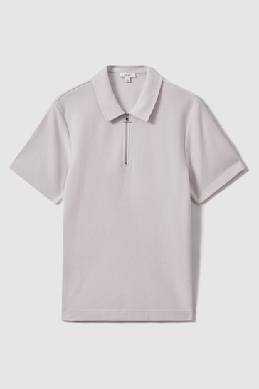 Reiss Silver Felix Textured Cotton Half Zip Polo Shirt