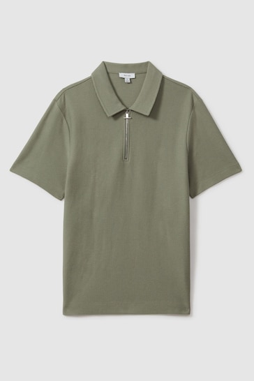 Reiss Pistachio Felix Textured Cotton Half Zip Polo Shirt