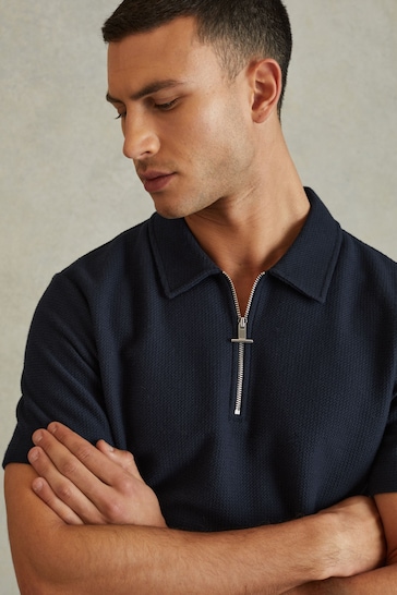 Reiss Navy Felix Textured Cotton Half Zip Polo Shirt