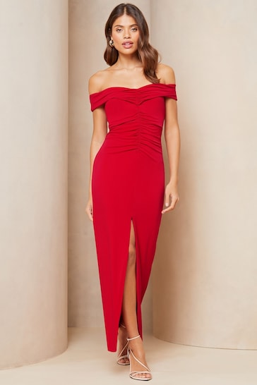 Lipsy Red Bardot Ruched Front Maxi Dress